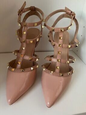 Catherines Nude Patent Pointed-Toe Studded Strappy Heels 👠 - LIKE NEW. WORN ONCE